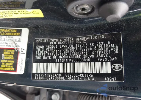 2012 Toyota Camry Xle V6 из США, поврежденный, VIN 4T1BK1FK9CU009810